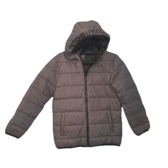 Under Armour Hooded Puffer Jacket YLG Youth Large Gray Full Zip Winter Coat Boys - Picture 7 of 7